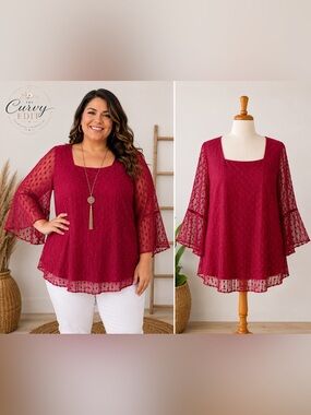 Boutique Raspberry Red Swiss Dot Mesh Bell Sleeve Blouse Size 2X - Unbranded